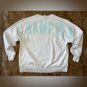 Champion Reverse Weave Sweatshirt Full Spell out across back white Tiffany Blue